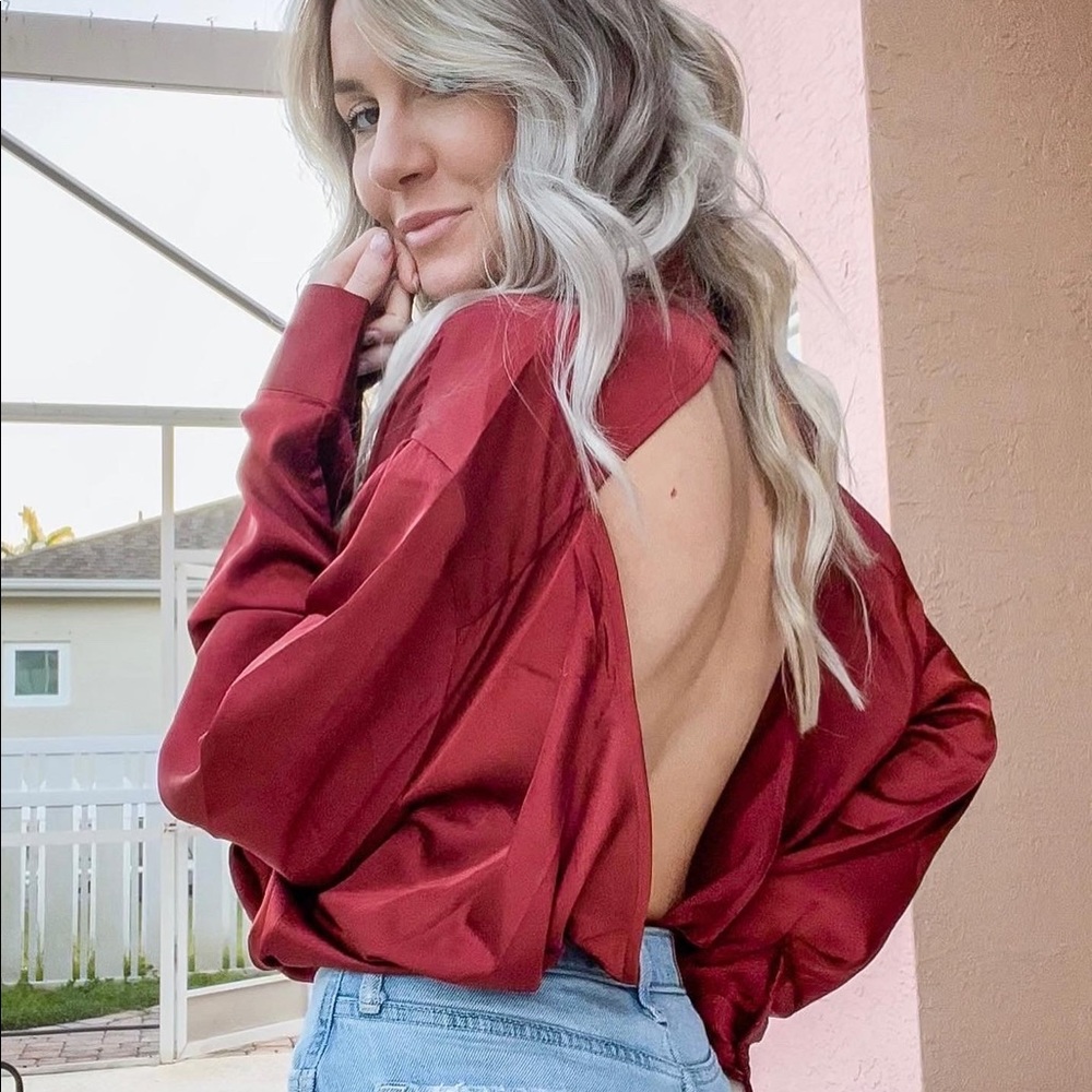 Maroon Oversized Open Back Button Down Satin Shirt - image 1